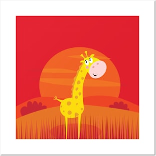 CUTE GIRAFFE WITH RED SUNSET Posters and Art